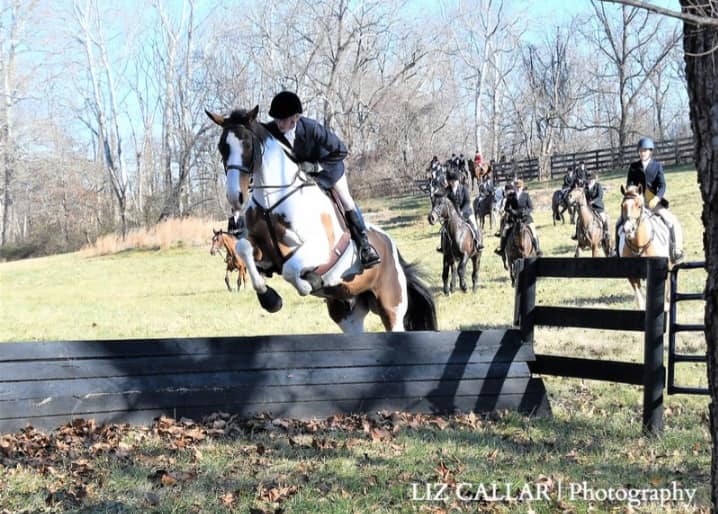 Wendy jumping a coop with the field behind her